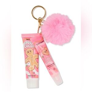 Frosted Coconut Lip Gloss and Hand Cream Set with Pom Pom key ring